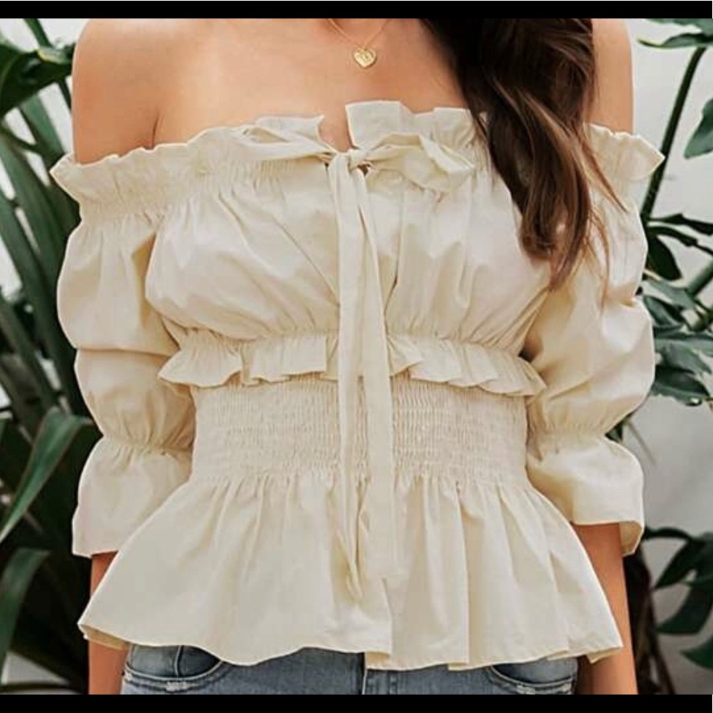 Tie front bardot frill trim shirred peplum top